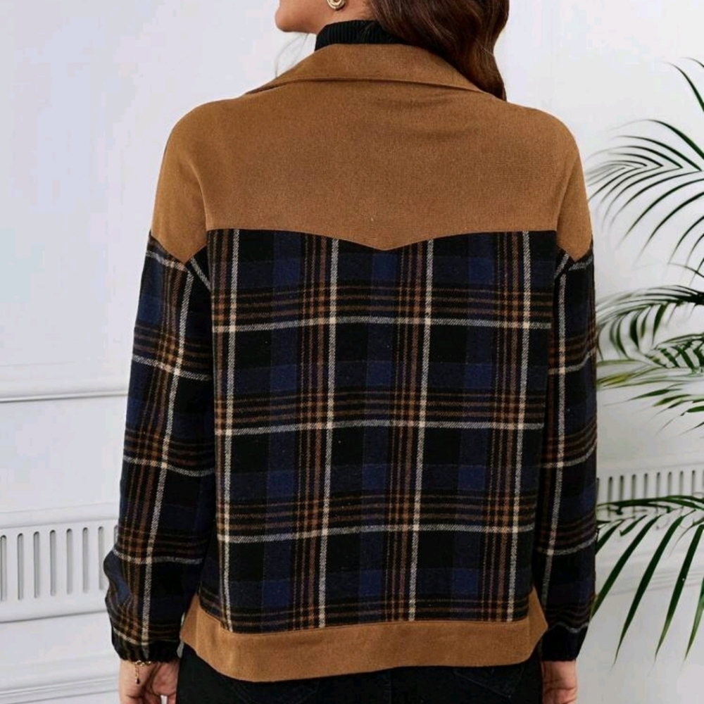 Women's Plaid Long Sleeve Zip Front Casual Jacket, Autumn/Winter - Picture 2 of 6